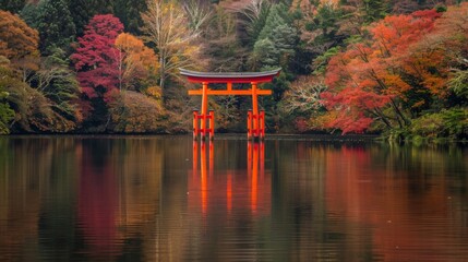 Vibrant Autumn Colors Reflecting on a Serene Lake with a Torii Gate