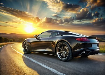 A stunning rear view of a sleek, shiny, high-definition, black sports car parked on a sun-kissed asphalt road,