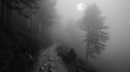 Fototapeta premium A dark forest with a moon in the sky