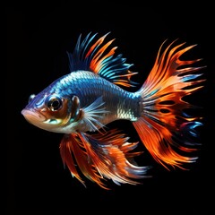 A vibrant, colorful fish with flowing fins against a black background.