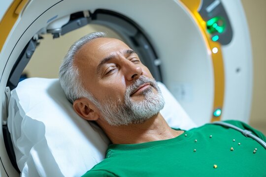 A man receiving brachytherapy for prostate cancer, where radioactive seeds are implanted near the tumor to target cancer cells