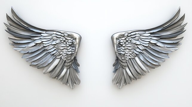 Gleaming Silver Wings of Freedom - 3D Rendering Symbolizing Success and Liberation on White Background