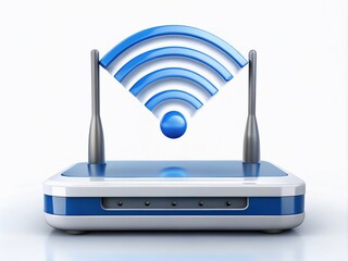 A stylized blue and white wireless networking symbol radiates from a sleek, modern router, representing high-speed