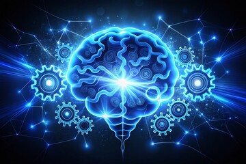 Obraz premium A stylized, glowing blue brain icon with lighting bolts and gears surrounding it, symbolizing innovation, creativity,