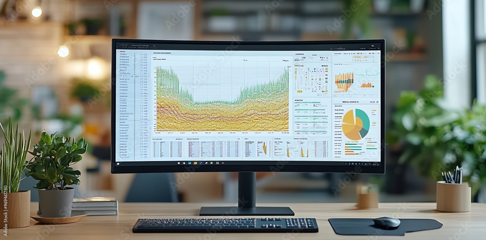 Aufkleber A curved monitor with financial data displayed on the screen and a wireless keyboard and mouse on a wooden desk.