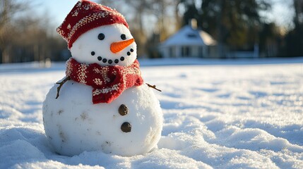 Snowman with a carrot nose and a red scarf in a snowy yard
