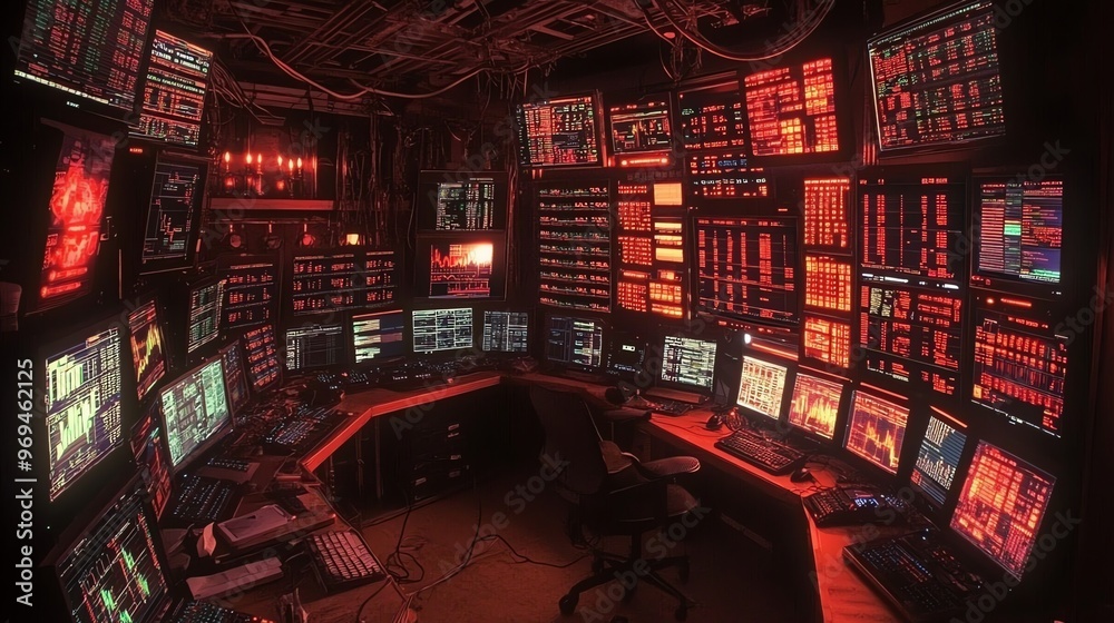 Poster A dark room filled with red glowing computer monitors displaying graphs and data, with a single black office chair in the center.