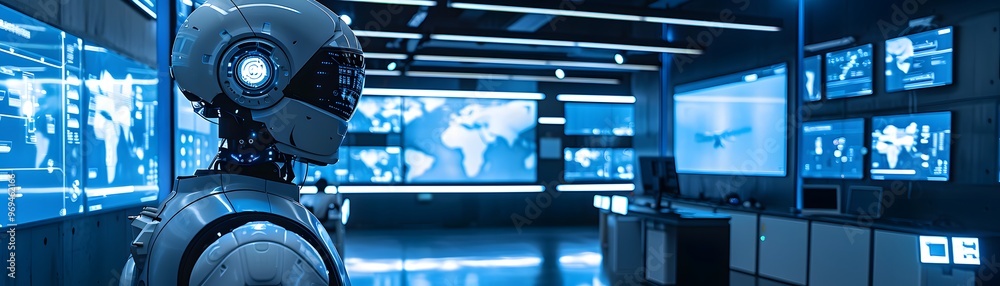Poster futuristic robot in a high-tech control room with digital screens displaying data and maps, symboliz