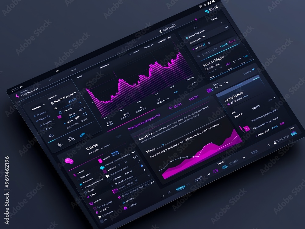 Leinwandbilder A dark themed dashboard with graphs, charts, and analytics on a tablet screen.