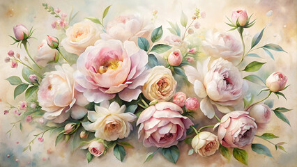 Elegant watercolor painting of pink peonies and roses with delicate leaves and buds