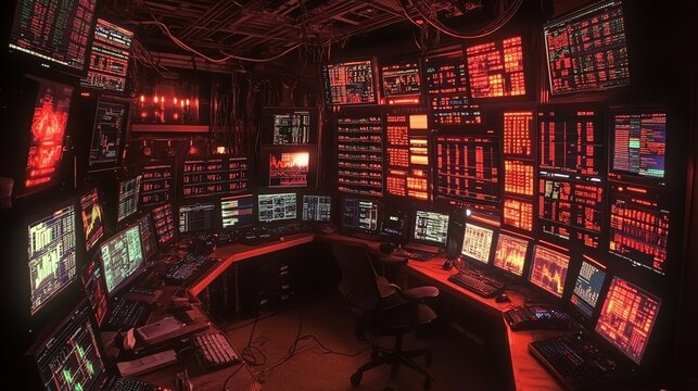 A dark room filled with red glowing computer monitors displaying graphs and data, with a single black office chair in the center.