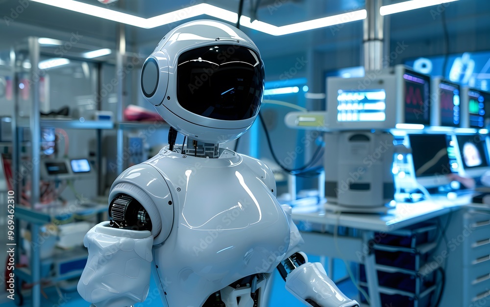 Poster futuristic robot in a modern lab environment showcasing advanced technology and artificial intellige