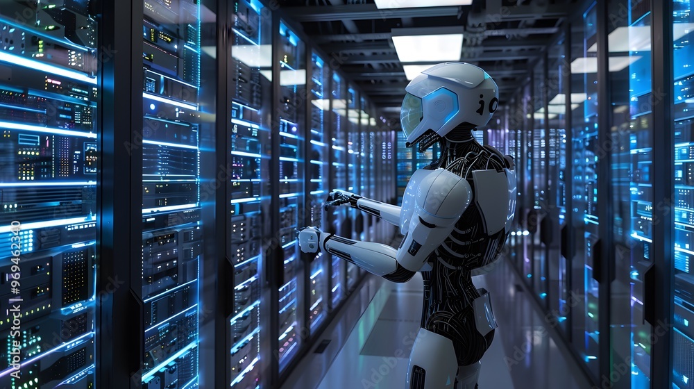 Poster futuristic robot interacting with advanced server technology in a high-tech data center.