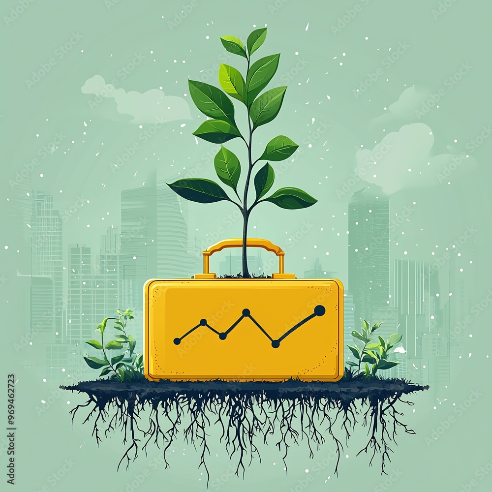 Canvas Prints vector design of a plant growing out of a briefcase with roots extending to form a positive trend li