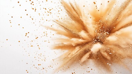 Explosion of gold powder on white background, dynamic and shimmering.