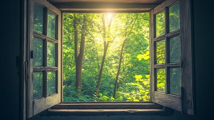 French Window Overlooking Enchanting Forest: Vintage Aesthetic