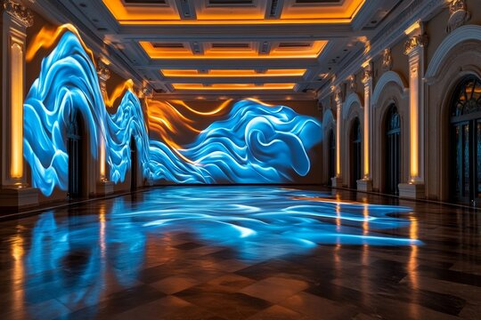 A projection mapping installation in a hotel ballroom, where light projections transform the walls into a constantly shifting digital artwork