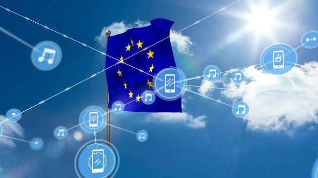 Animation of network of connections with smartphone icons over flag of eu