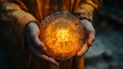 A mystical figure holds a glowing ancient artifact in a mystical forest, surrounded by shadows and an air of enchantment