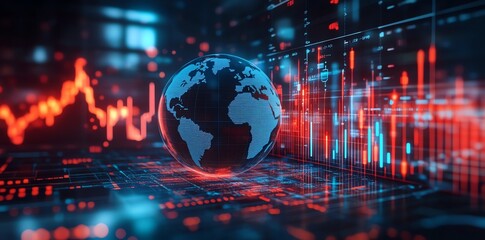 A digital globe sits on a glowing futuristic grid with lines of red and blue data in the background.