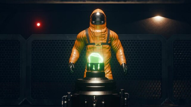 Person wearing Hazmat suit walking towards a glowing green Radioactive rock in a dark mysterious facility 02