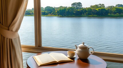 Obraz premium A round wooden table features a teapot and cup next to an open book while natural sunlight streams through light-colored linen curtains, revealing a peaceful lake outside