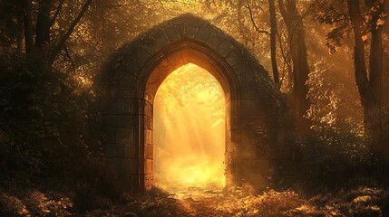 Obraz premium Enchanting Entrance to Ancient Forest: Stone Doorway Revealing Sunlit Golden Woods with Mist in Background