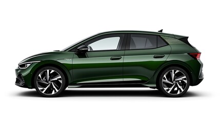 Naklejka premium A green electric car, its sleek side profile isolated on white.