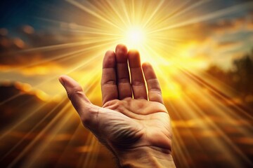 A warmly lit, diagonally posed hand with fingers spread, palm upwards, and wrist bent, conveying a sense of