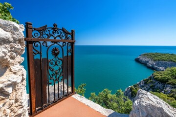 A rusty iron gate on a cliffside, overlooking the sea, with a view that stretches out to the distant horizon