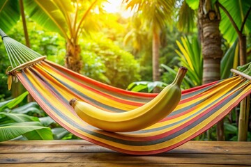 A yellow banana rests on a colorful, striped hammock, surrounded by lush green leaves and a sunny tropical