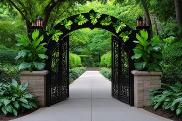 Naklejka premium A set of iron gates leading into a botanical garden, decorated with leaves and vines, giving a hint of the lush greenery inside