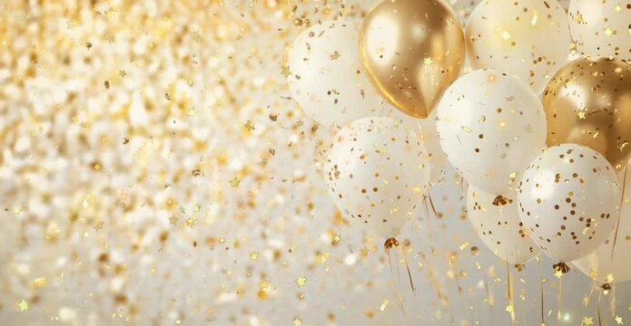 White, gold, beige festive birthday party animated video background with balloons, shiny gold confetti, Party or birthday celebration copy space template, greeting card	
