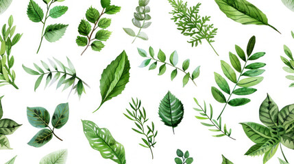 Lush green leaves in various shapes and sizes create vibrant, natural pattern, evoking sense of tranquility and freshness. Perfect for nature themed designs