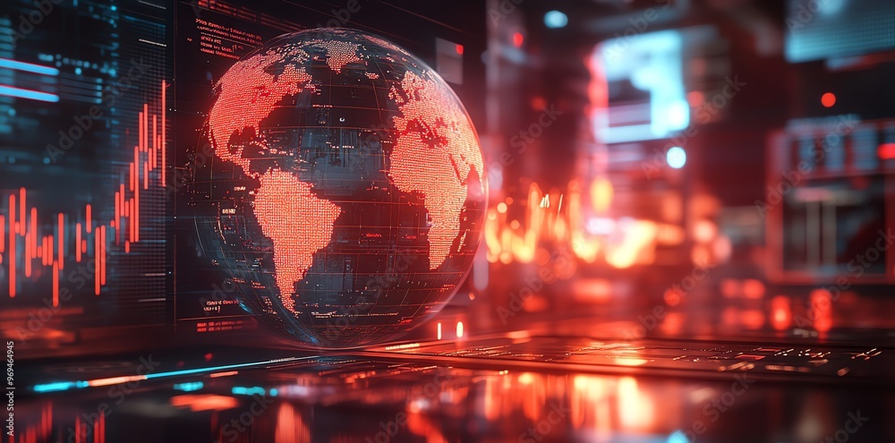 Poster A digital representation of the Earth with red light highlighting the continents, displayed on a computer screen with red graphs and lines.