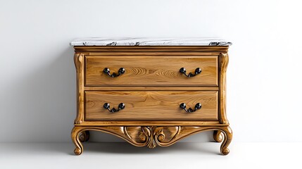 An antique wooden nightstand with a marble top and intricate carvings.