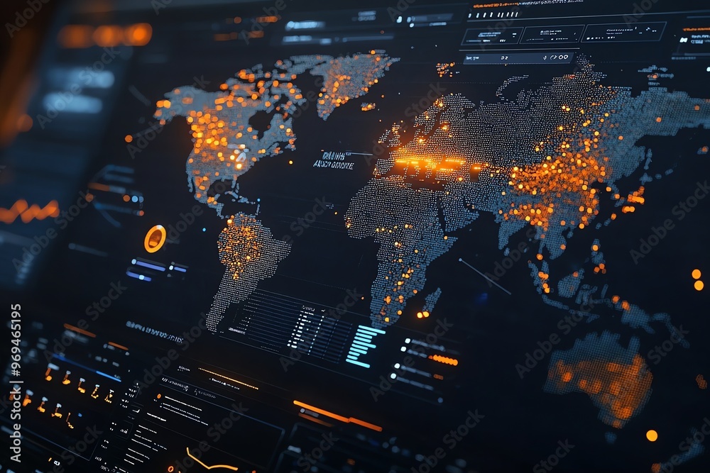 Poster A digital world map with glowing orange dots, representing data points.