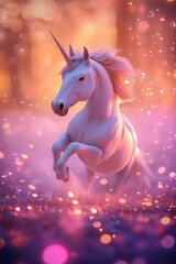 Mystical unicorn in a blooming pink cherry blossom forest. Enchanting fairytale scene with magical realism.