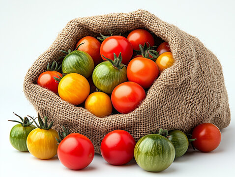 Fresh tomato ripped and unripen in a jute sack isolated in white background