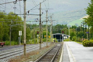 Empty platform at the Oppdal railway station in the Norwegian mountain town of Oppdal