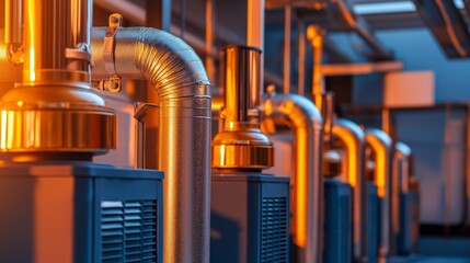 Fototapeta premium Industrial pipes and cylinders in a modern factory setting. Warm lighting, technology concept.