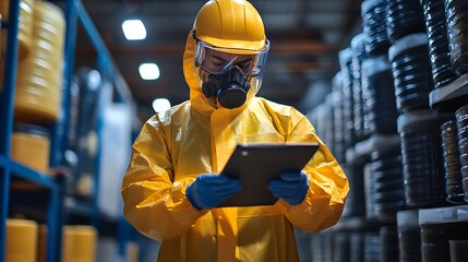 An industrial worker in a hazmat suit, carefully inspecting inventory.