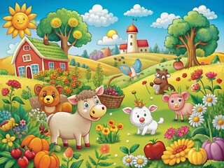 Colorful illustration of a thriving farm scene with happy animals, ripe fruits, and vibrant flowers surrounded by white