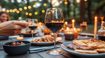 An elegant dining table is beautifully arranged with tasty dishes, wine glasses, and lit candles, creating a warm atmosphere for a special gathering
