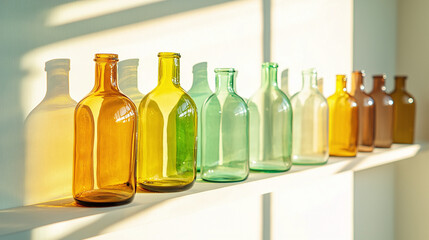 a wall-mounted art piece made entirely of recycled glass bottles, bathed in warm, soft gallery lighting.