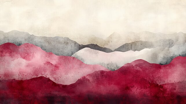 Abstract watercolor landscape featuring deep red and soft gray mountains