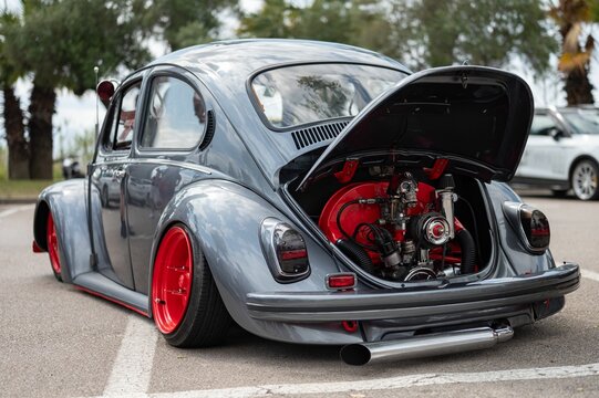 Volkswagen Type 1 nicknamed Beetle with the hood open, the engine is an air-cooled boxer