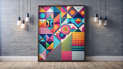 Colorful modern poster design template with geometric shapes and futuristic elements on a blank wall, perfect for