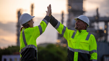 Engineer industry jackets and hard hats standing in an industrial area,  refinery or power plant. They posing hand shake in a safety drill or  gesture of acknowledgment is teamwork industry concept.