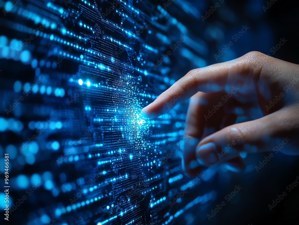 Poster A finger touches a glowing blue digital interface, with lines of data and code in the background.